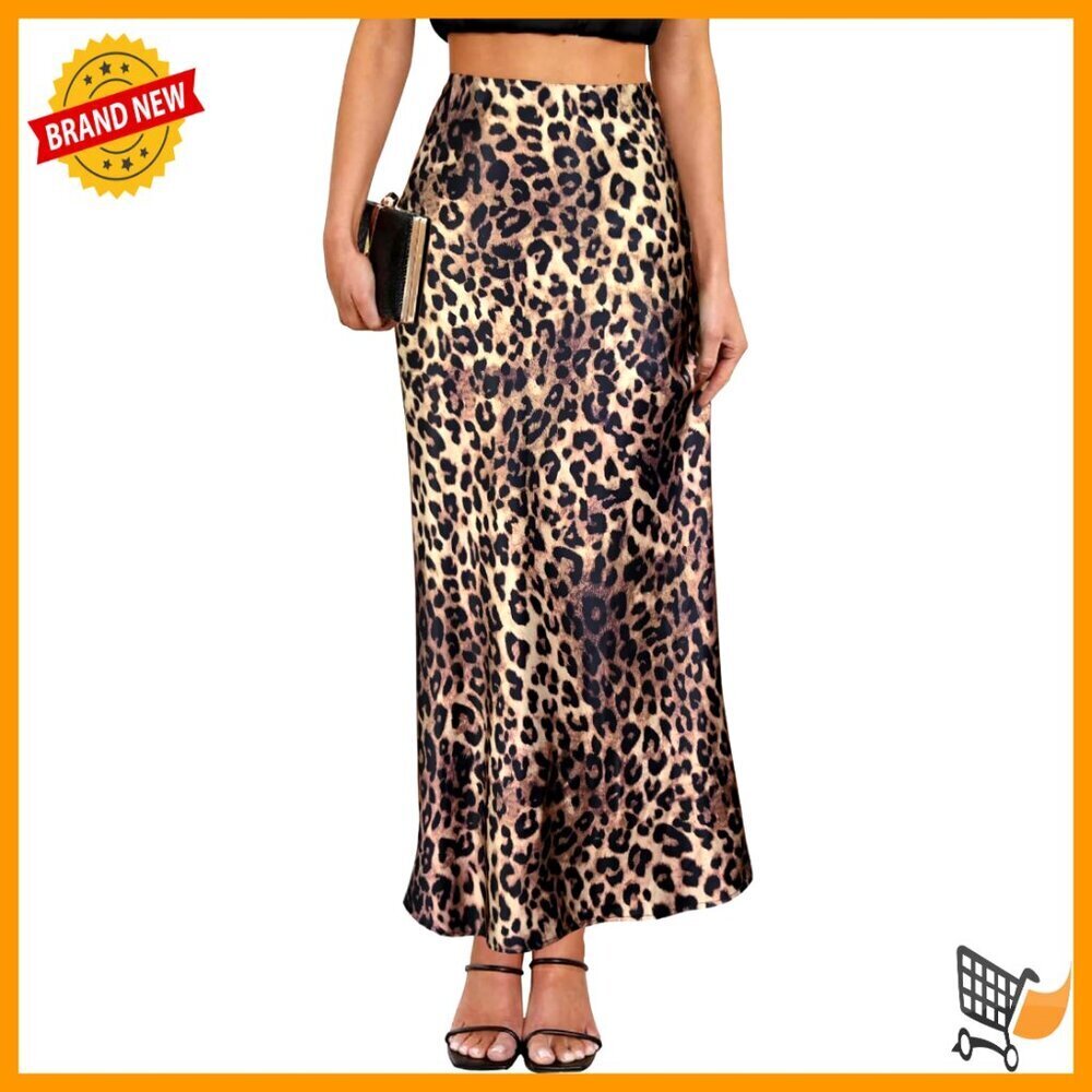 Satin Maxi Skirt High Waisted Elastic Waistband A-Line Leopard Print Party